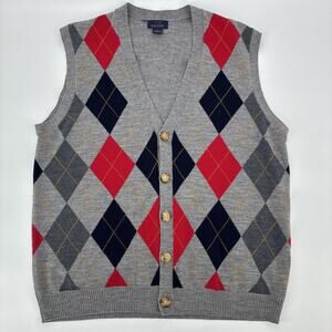 Brooks Brothers Vest Men Large Gray Merino Wool Argyle Cardigan Soft Preppy